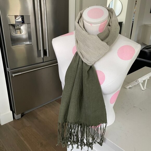 Striped Lightweight Ombre Fringed Wrap or Scarf Cream + Green - no tags - Picture 7 of 7